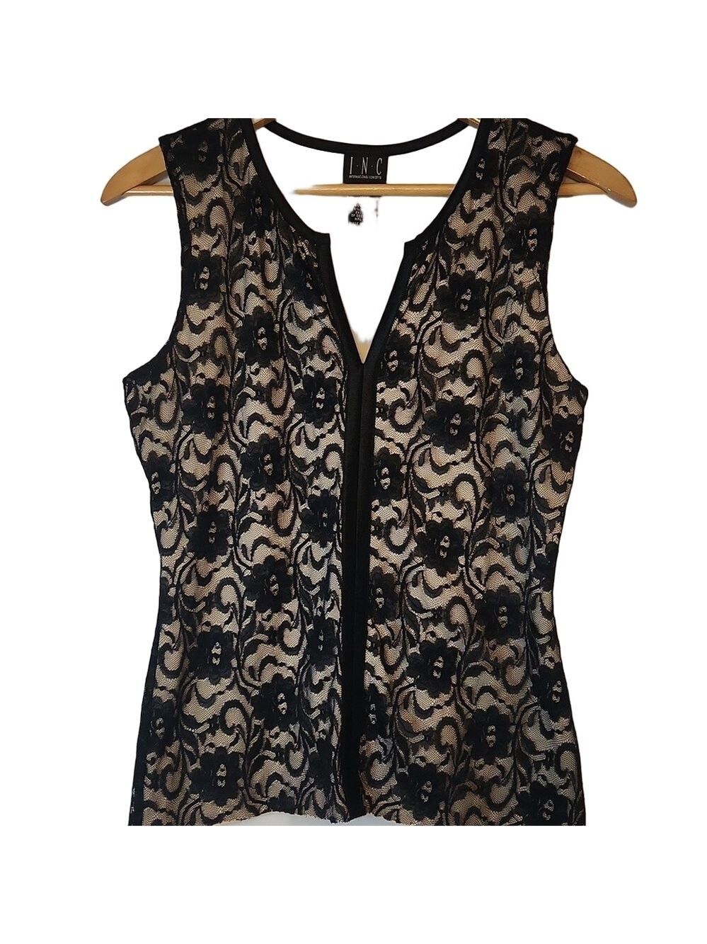 INC black lace overlay tank top shell Sz: M Sleeveless Holiday Split V Neck